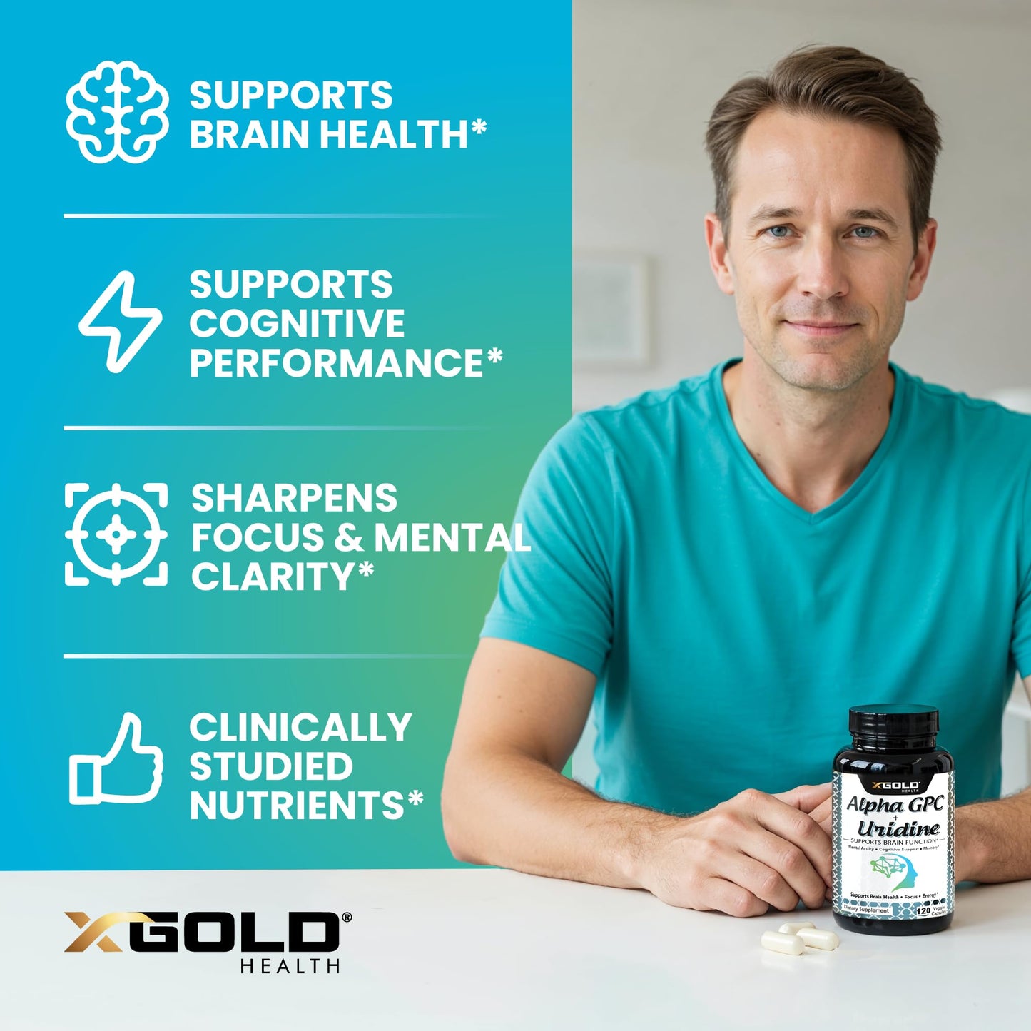 X Gold Health Alpha GPC + Uridine 900mg Powerful Nootropic Capsule, 120 Capsules