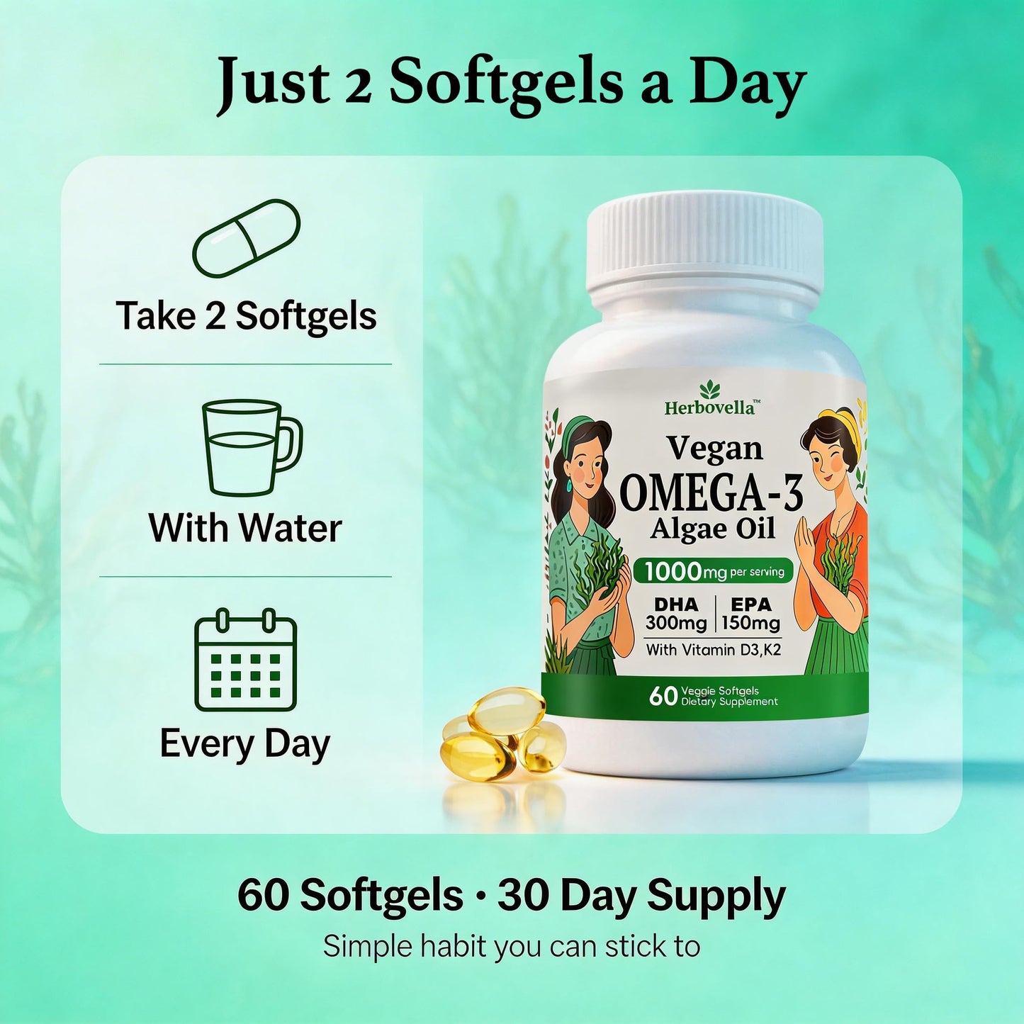 Herbovella Vegan Omega-3 Softgels, 60 Count