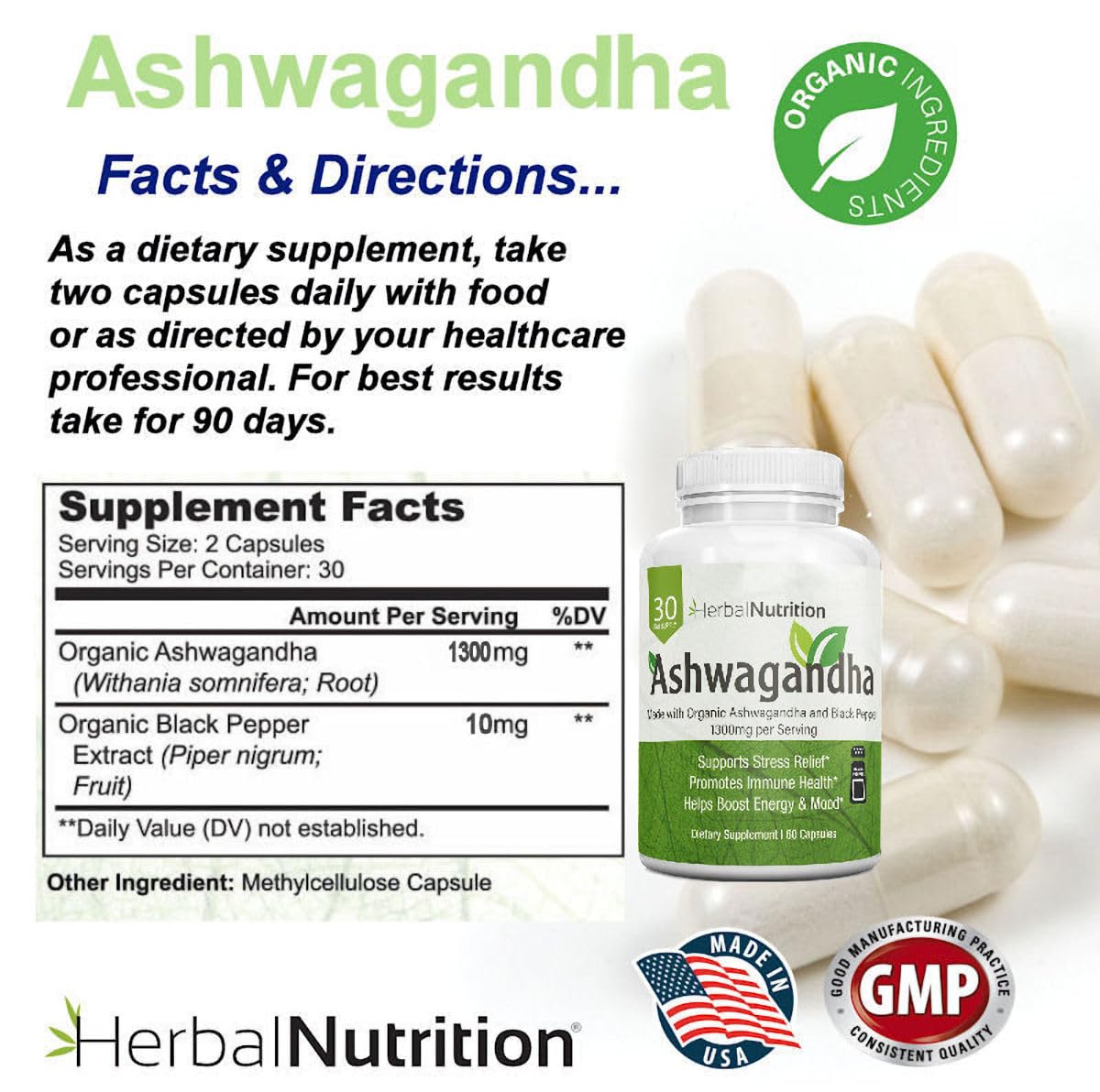 Herbal Nutrition Ashwagandha 1300mg Stress & Mood Support Supplement, 120 Capsules