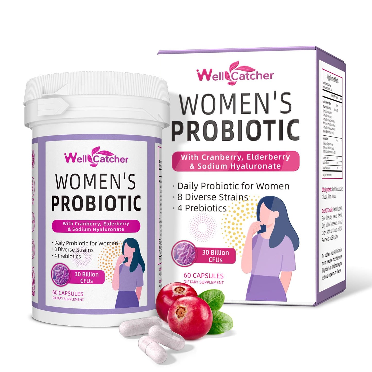 Wellcatcher Vaginal Probiotics for Women Daily Cranberry Probiotics with Prebiotics Support Digestive Urinary Tract Health pH Balance with 30 Billion CFU 8 Diverse Strains Vegan 60 Capsules