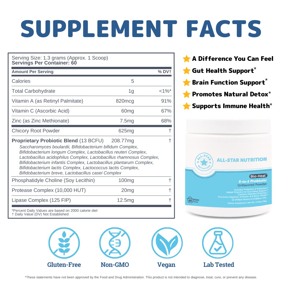 All-Star Nutrition 5-in-1 Bio-Heal Probiotic for Kid, Men & Women Powder, 2.75 oz
