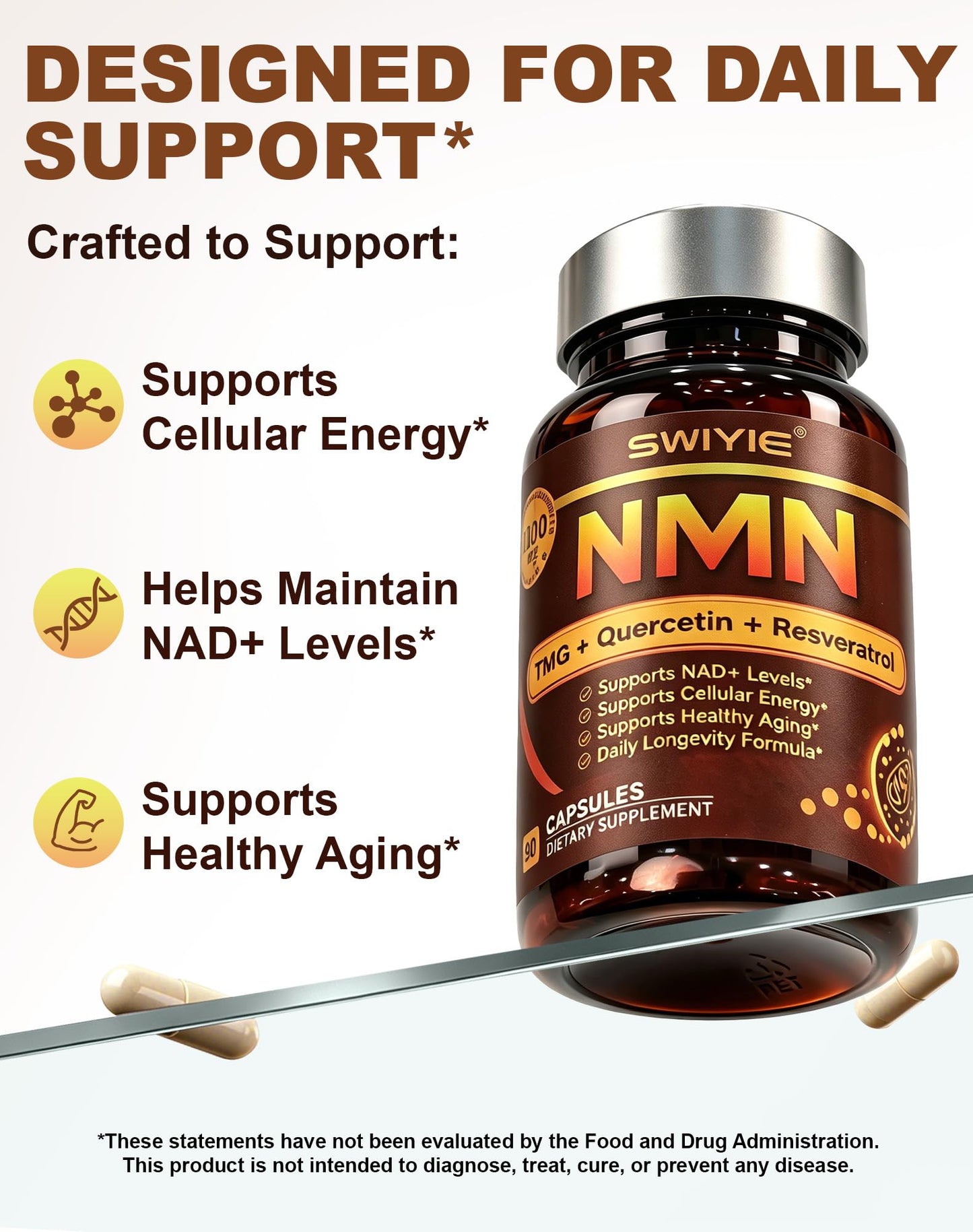 Swiyie NMN NAD Supplement 1100mg Capsules, 90 Count