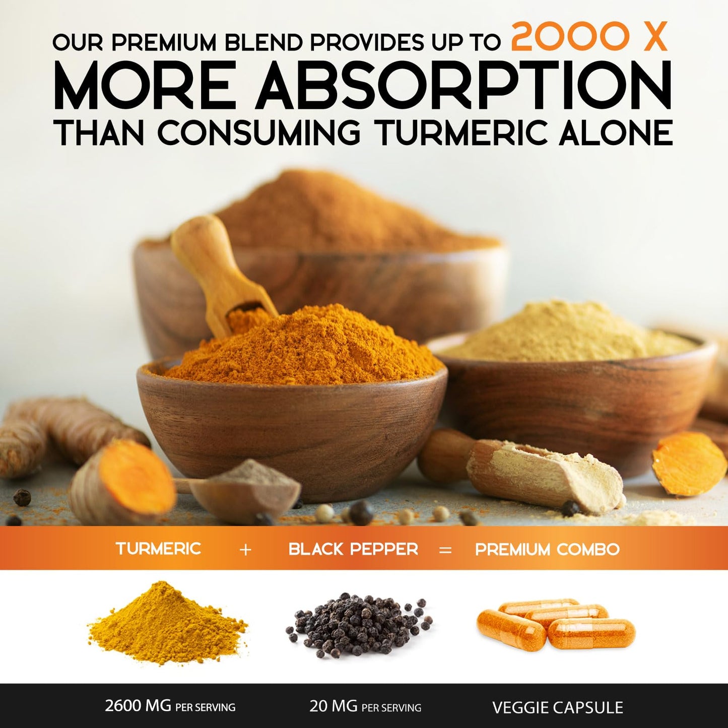 Health Nutrition Naturals Turmeric Curcumin Supplement 2600mg - 95% Curcuminoids with Organic Turmeric & BioPerine Black Pepper for Best Absorption, Non-GMO, 180 Capsules