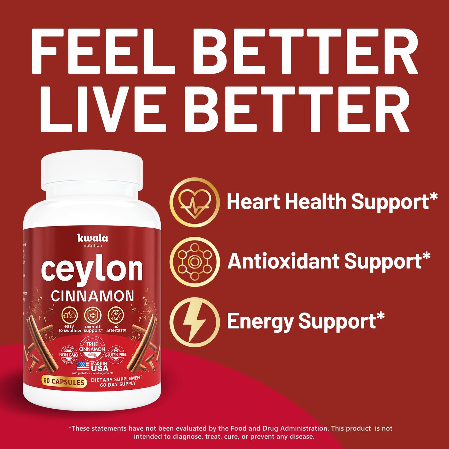Kwala Nutrition Ceylon Cinnamon Supplement Capsules, 60 Count