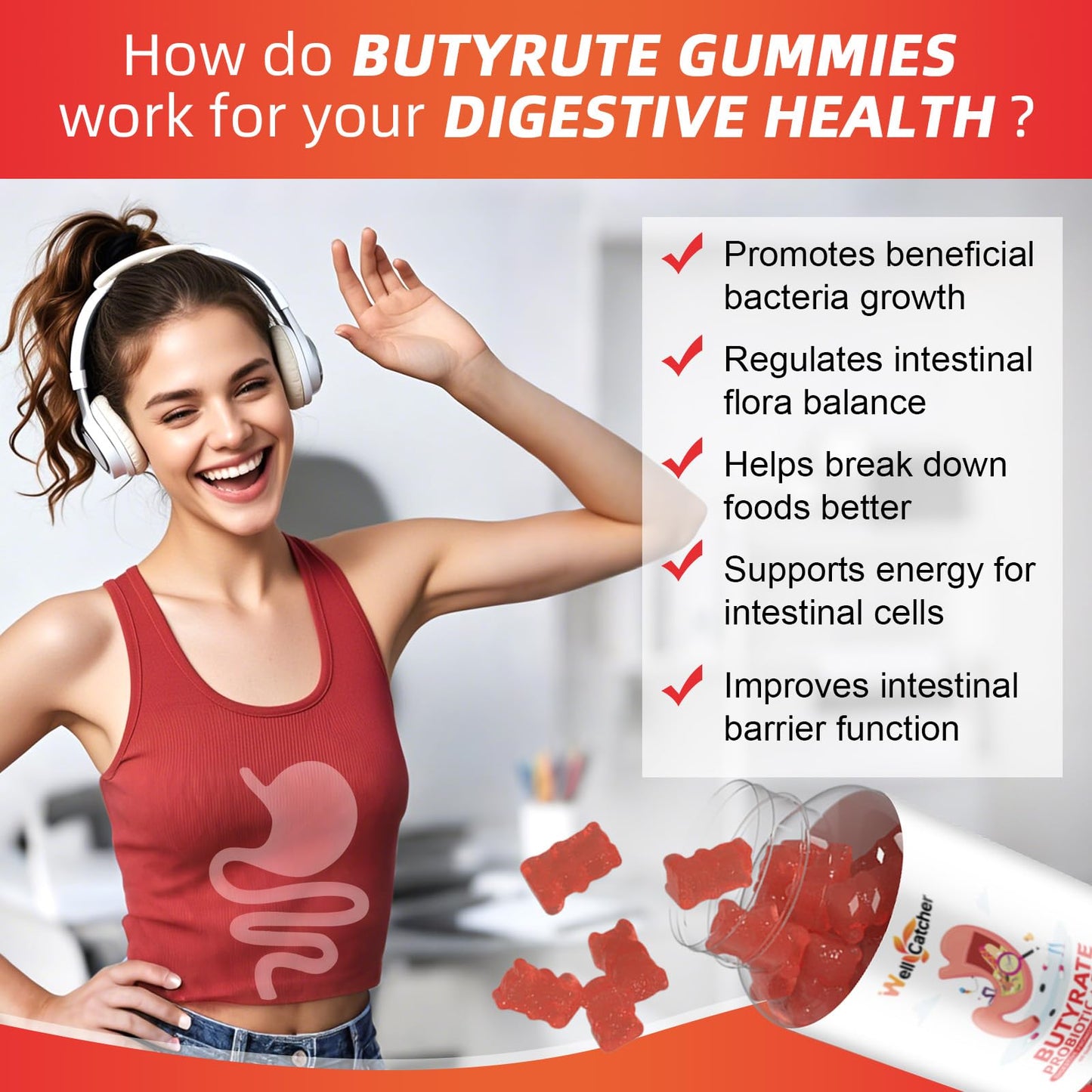 Wellcatcher Gut Health Gummies, Bromelain Papain Enzyme & Butyrate Gummies, 120 Count