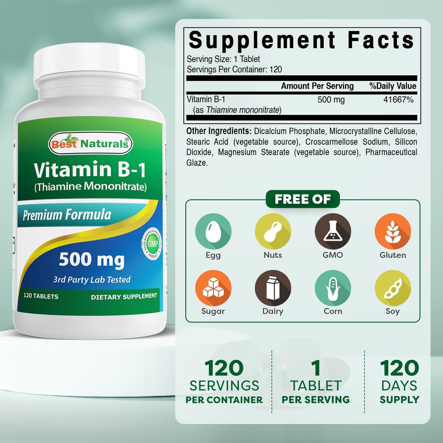 Best Naturals Vitamin B1 Thiamine Mononitrate 500 mg Tablet, 120 Tablets