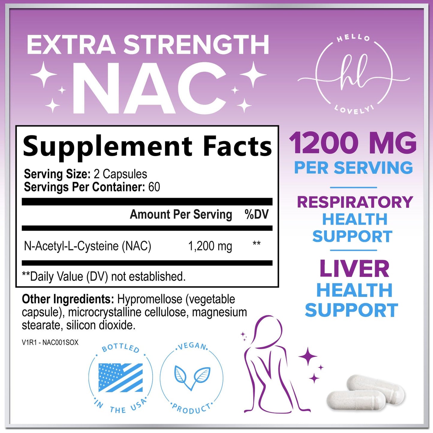 Hello Lovely! NAC Supplement 1200mg per Serving N-Acetyl-L-Cysteine Capsules, 120 Count