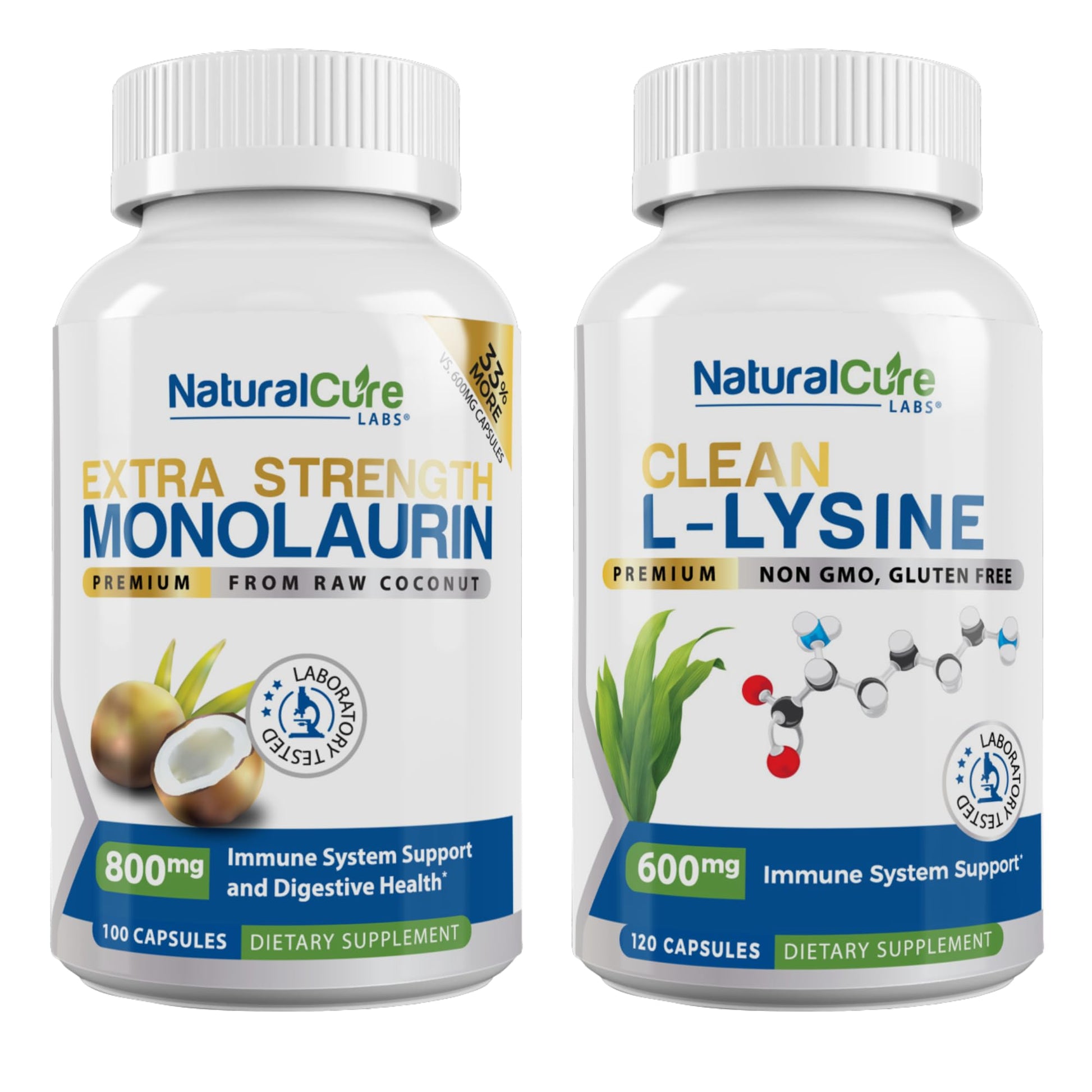 Natural Cure Labs Extra Strength Monolaurin 800mg + Clean L-Lysine 600mg Capsules Bundle