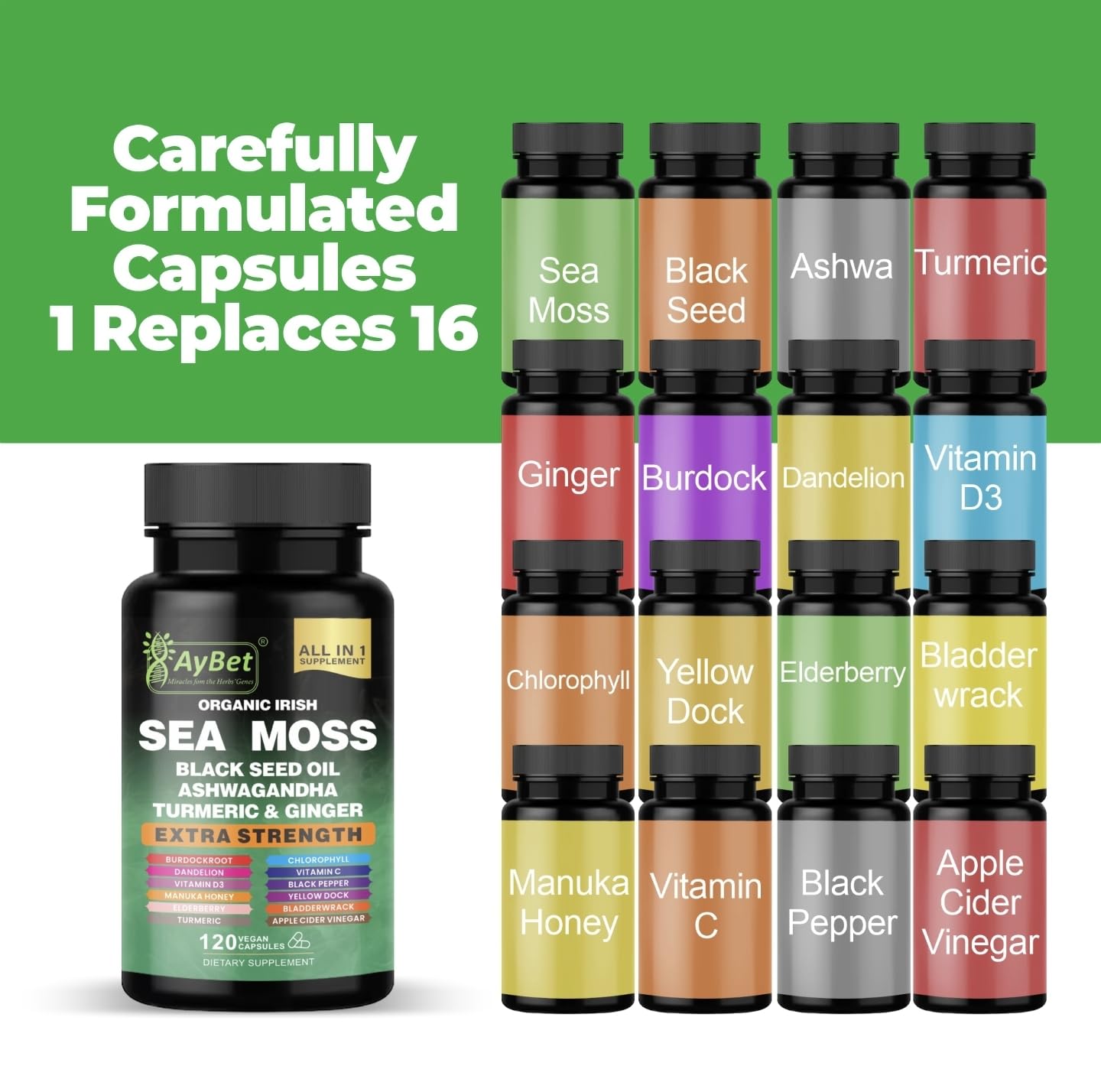AyBet Organic Irish Sea Moss Capsules 120 Count – 16 in 1 Sea Moss Supplement with Black Seed Oil, Ashwagandha, Turmeric & Ginger, Bladderwrack & Burdock Root, Vitamin D3 – Organic, Vegan, Halal, Non-GMO