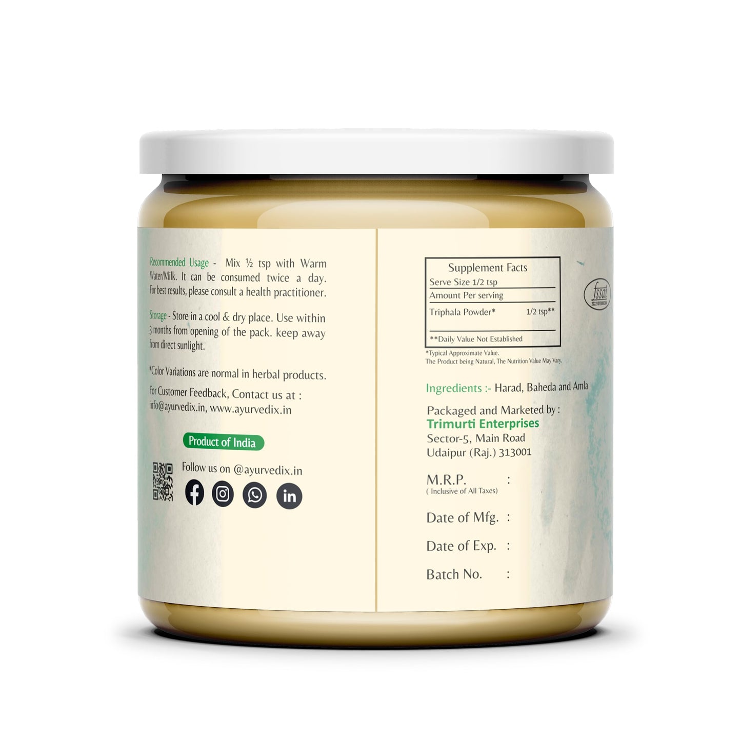 ayurvedix Organic Triphala Powder Herbal Supplement, 5.29 oz