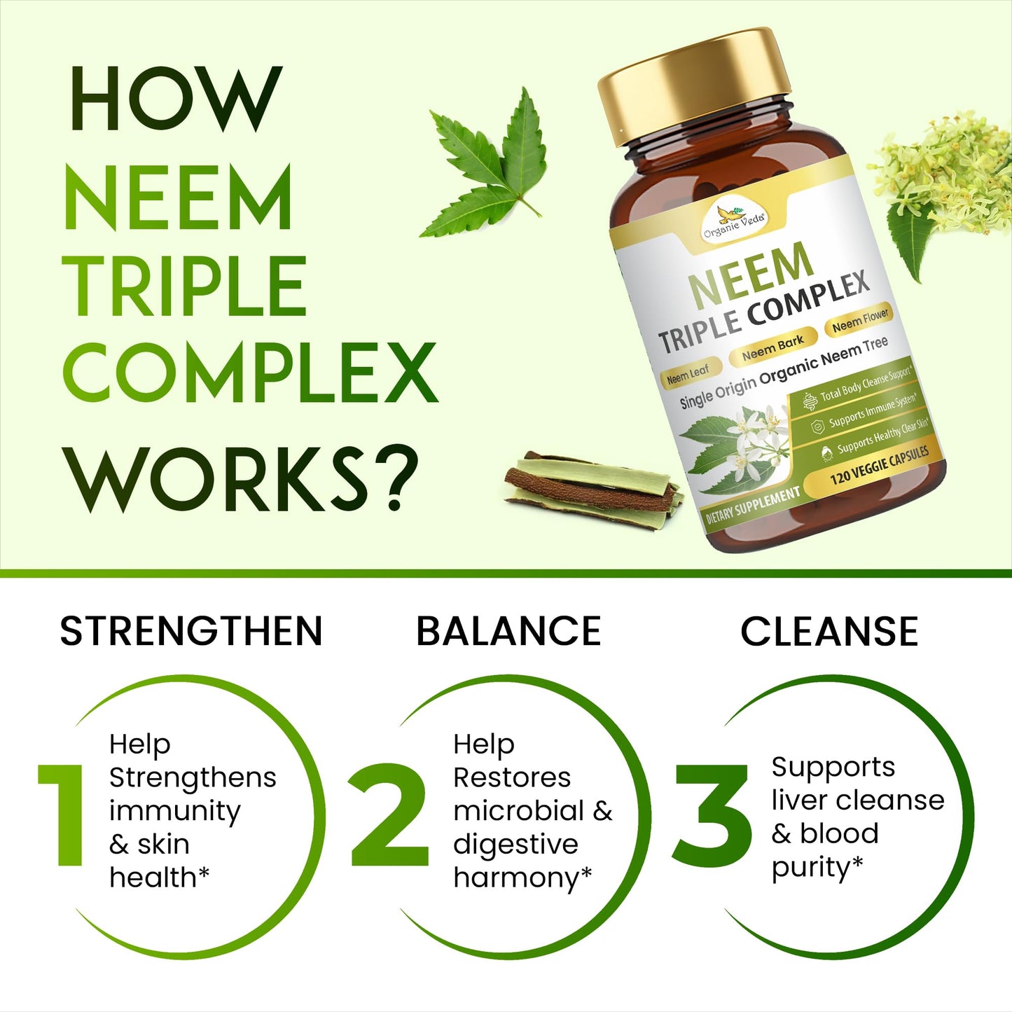 Organic Veda Neem Capsules Triple Complex Neem Leaf, Bark & Flower Extracts - Herbal Supplement for Acne, Cleanse & Clear Skin Health - Boost Immune, Gut Health for Women & Men - 120 Capsules