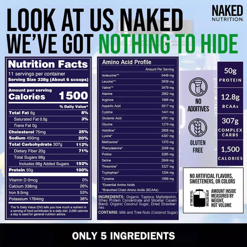 NAKED Strawberry Mass Weight Gainer Protein Powder, 128 Servings