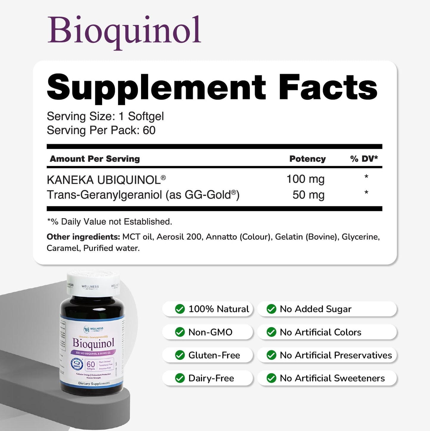WELLNESS EXTRACT Coenzyme Q10 (CoQ10) Ubiquinol 100mg with GG-Gold Geranylgeraniol 50mg Softgels 60