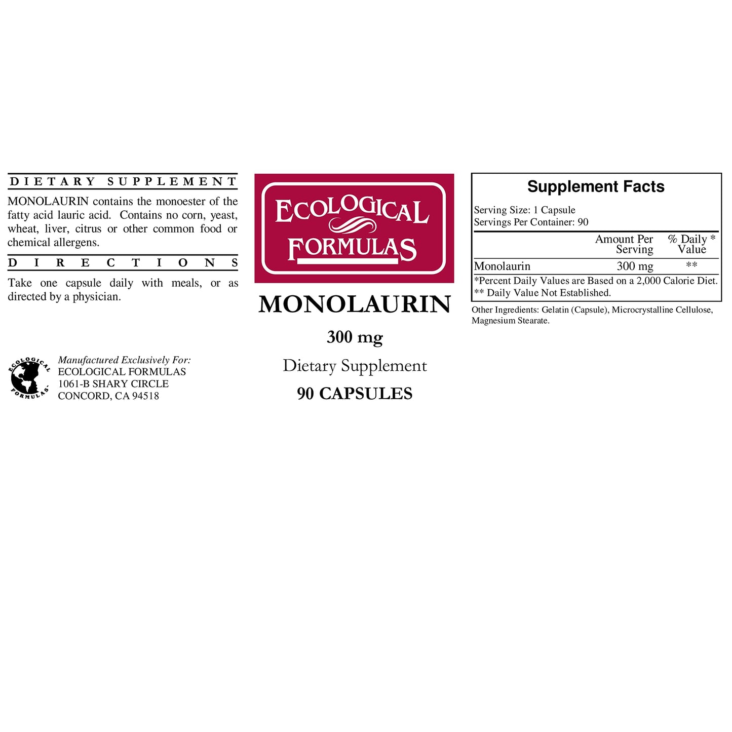 Ecological Formulas Monolaurin 300 mg Capsule, 90 Capsules