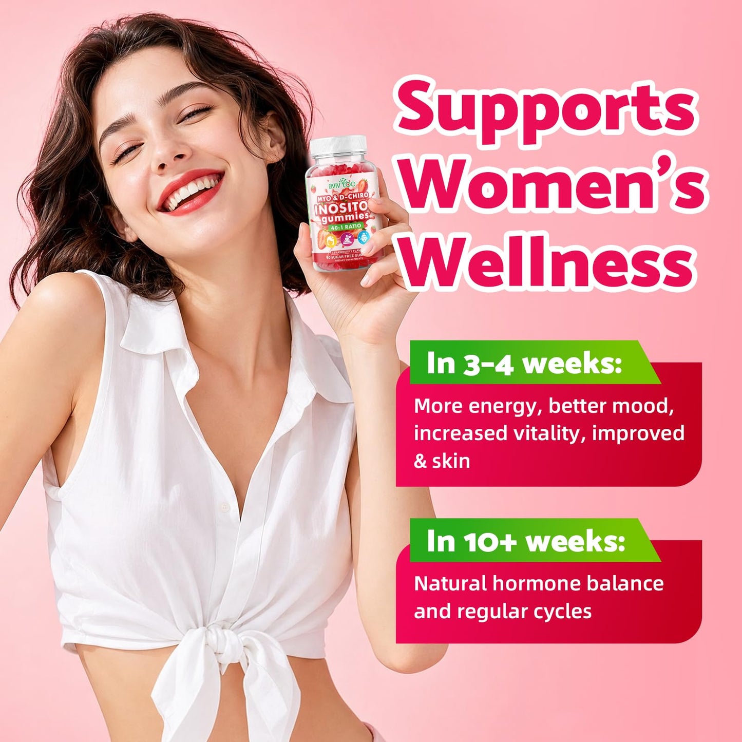 BVIVLOO Myo-Inositol & D-Chiro-Inositol with Vitamin D3, Magnesium Glycinate, Folate & Zinc, Inositol Supplement for Female Health, Sugar Free, Strawberry Flavor, 2 Gummies