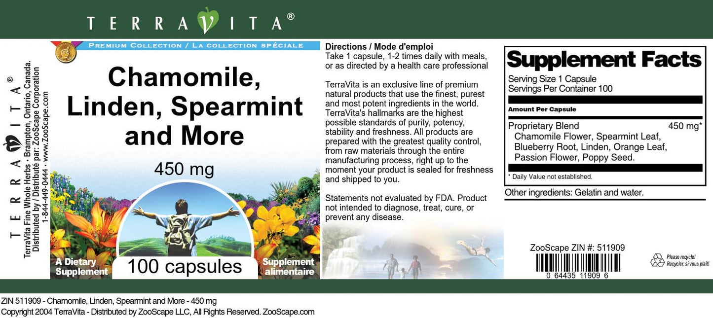 Terravita Chamomile, Linden, Spearmint and More 450 mg, 100 Capsules