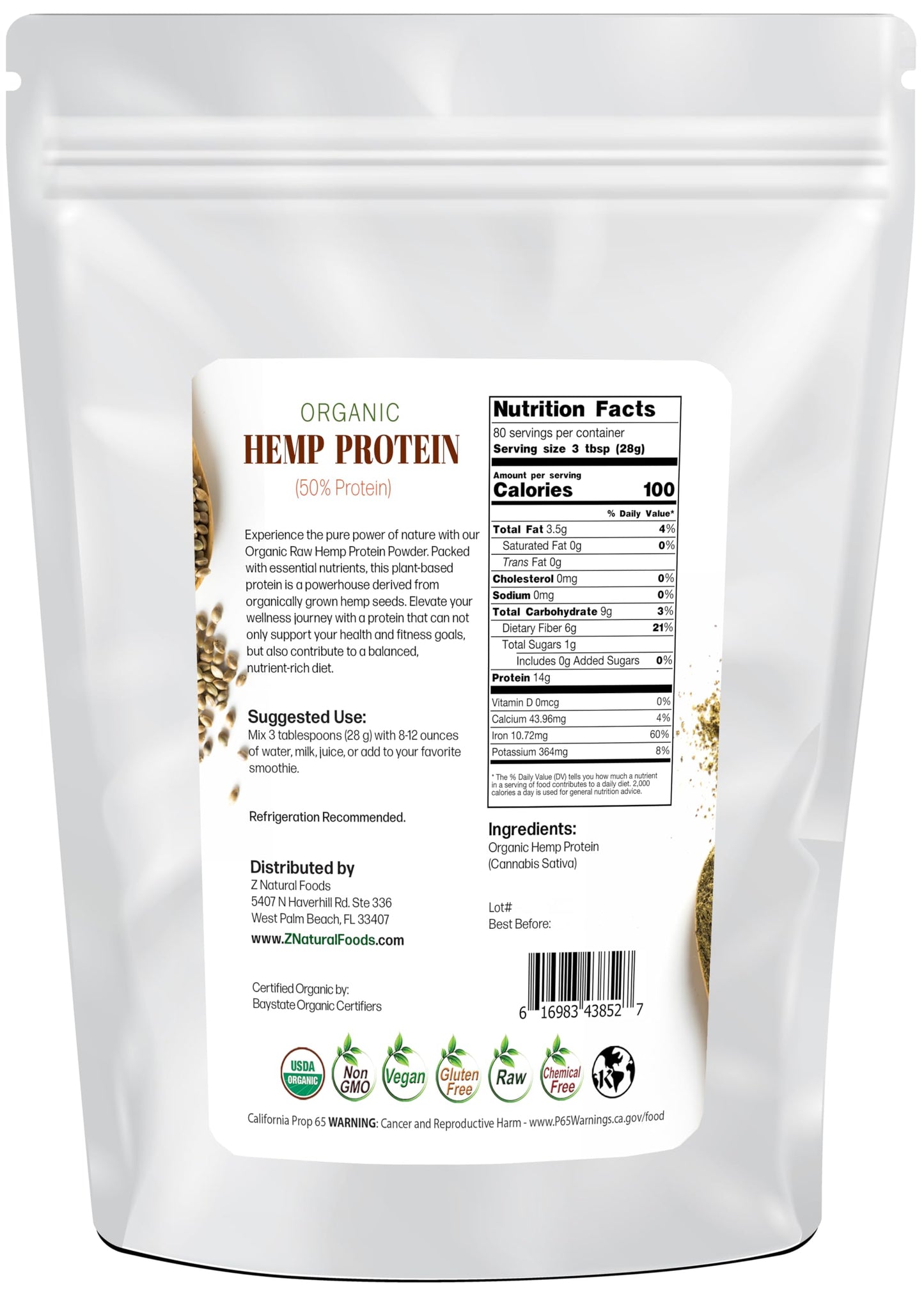 Z Natural Foods Organic Hemp Protein Powder - Unflavored, 5 lb, 80