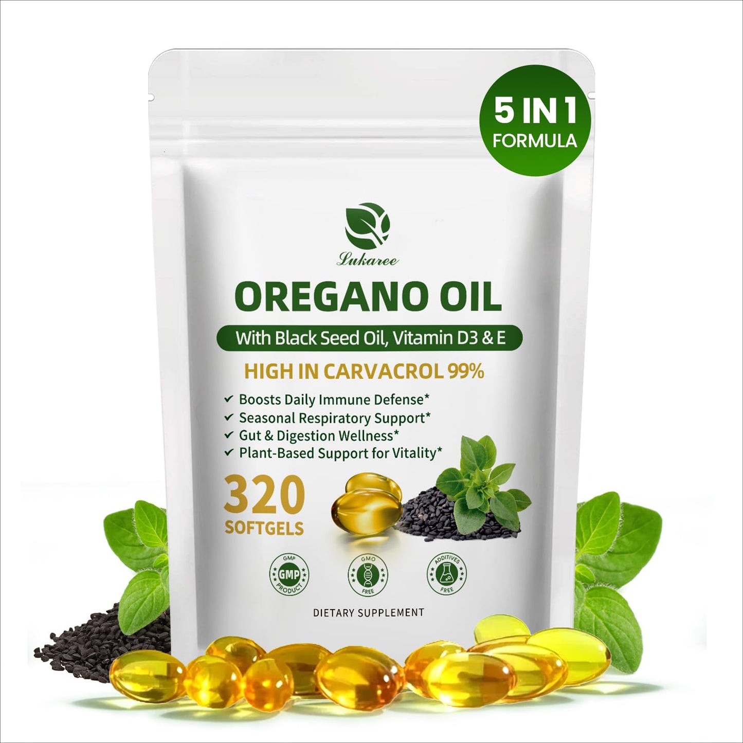 Lukaree 5-IN-1 Oil of Oregano with Black Seed Oil Softgels, 320 Count
