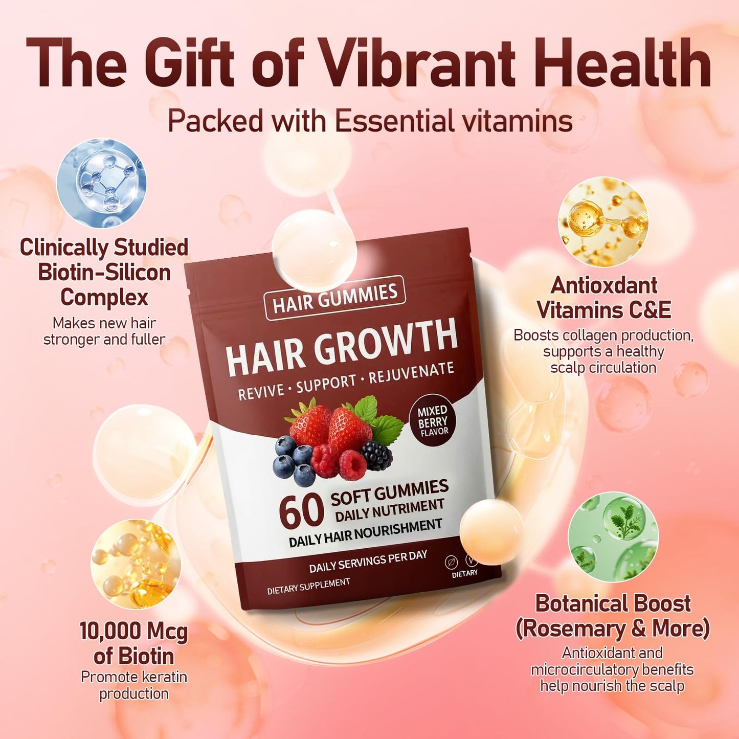 caicieter Hair Growth Gummies, 60 Gummies