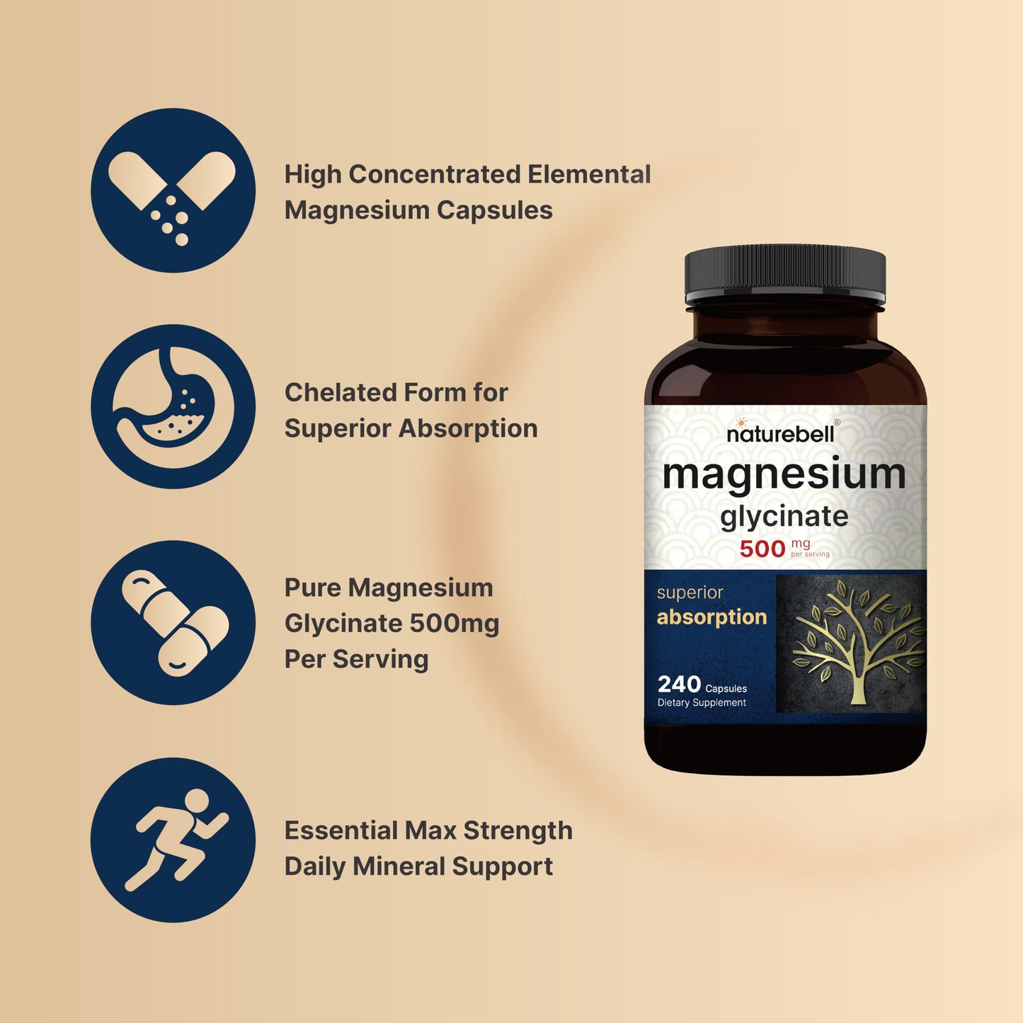 NatureBell Magnesium Glycinate Capsules 500mg, 360 Capsules