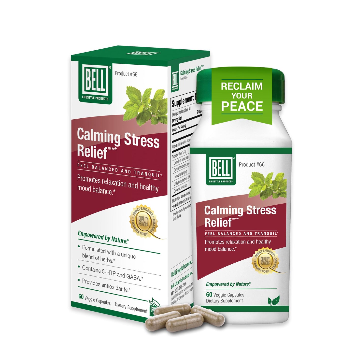 Bell Lifestyle Calming Stress Relief Herbal Blend with 5-HTP & GABA for Stress Support and Relaxation, 60 Capsules