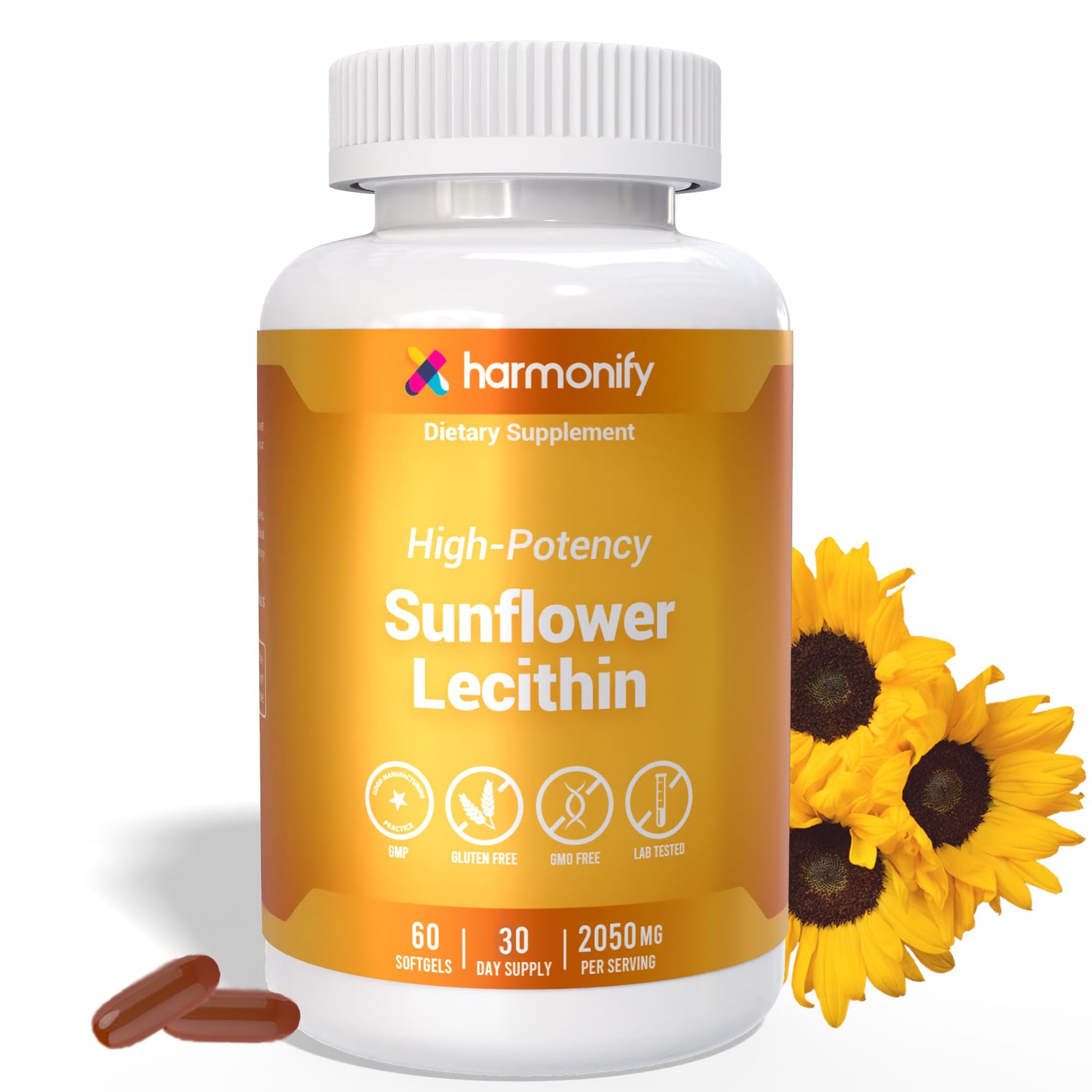 HARMONIFY Sunflower Lecithin Wellness Supplement 2050 mg High-Potency, Non-GMO & Gluten-Free, 60 Softgels
