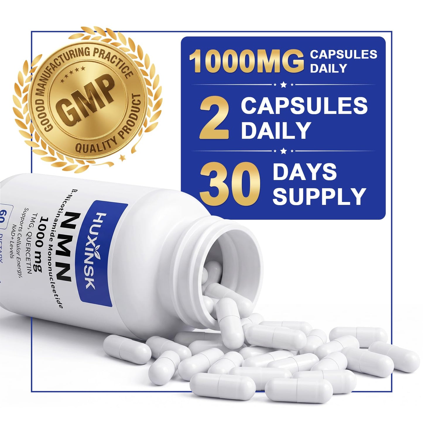 HUXINSK NMN Supplement 1000mg 4-in-1 Liposomal NMN for NAD+ Supplement Capsules 60 Capsules