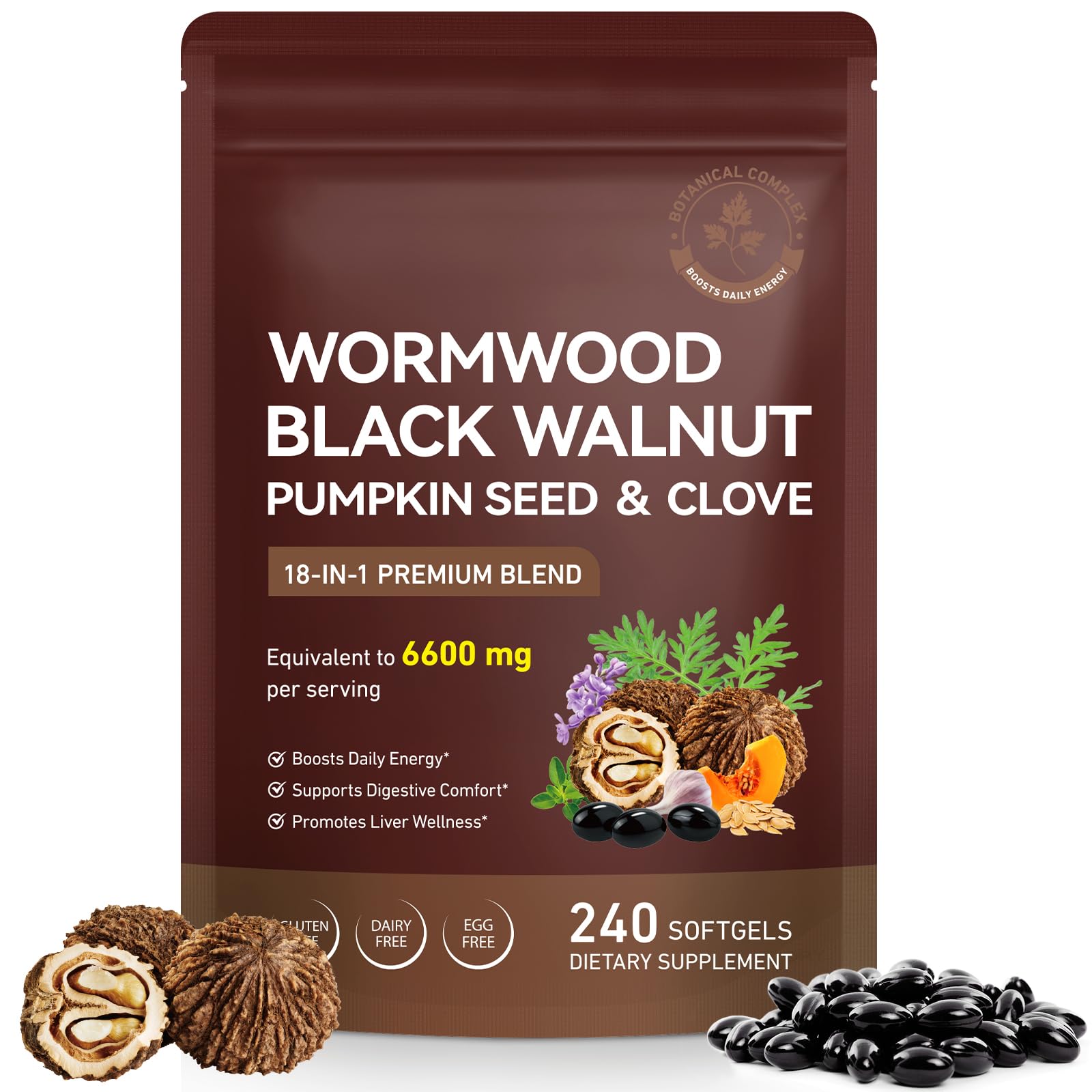 DLOMFVFQ Wormwood Black Walnut Clove Cleanse Herbal Complex for Intestinal & Digestive Balance with Pumpkin Seed Turmeric Garlic Oregano Berberine Softgel 240