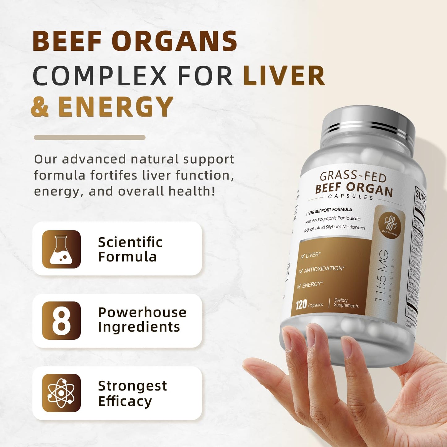 iMATCHME Grass Fed Beef Organ Supplement with Beef Liver & Adrenals, R-Lipoic Acid for Liver Detox, Antioxidant, Energy & Overall Health, Capsules, 120 Count