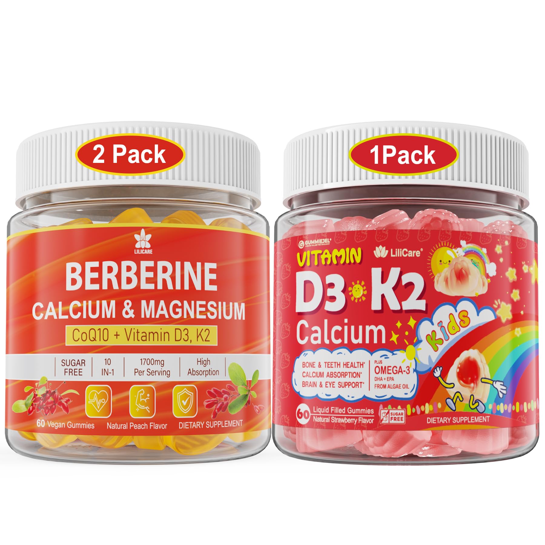 LILICARE Berberine Supplement Gummies Bundle + Kids Vitamin D3 K2 Filled Gummies, 180 Gummies