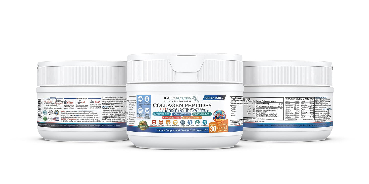 KAPPA NUTRITION Collagen Peptides Powder, 5 in 1 Multi-Collagen Advanced Complex with Hydrolyzed Collagen Peptides, 11.6 oz
