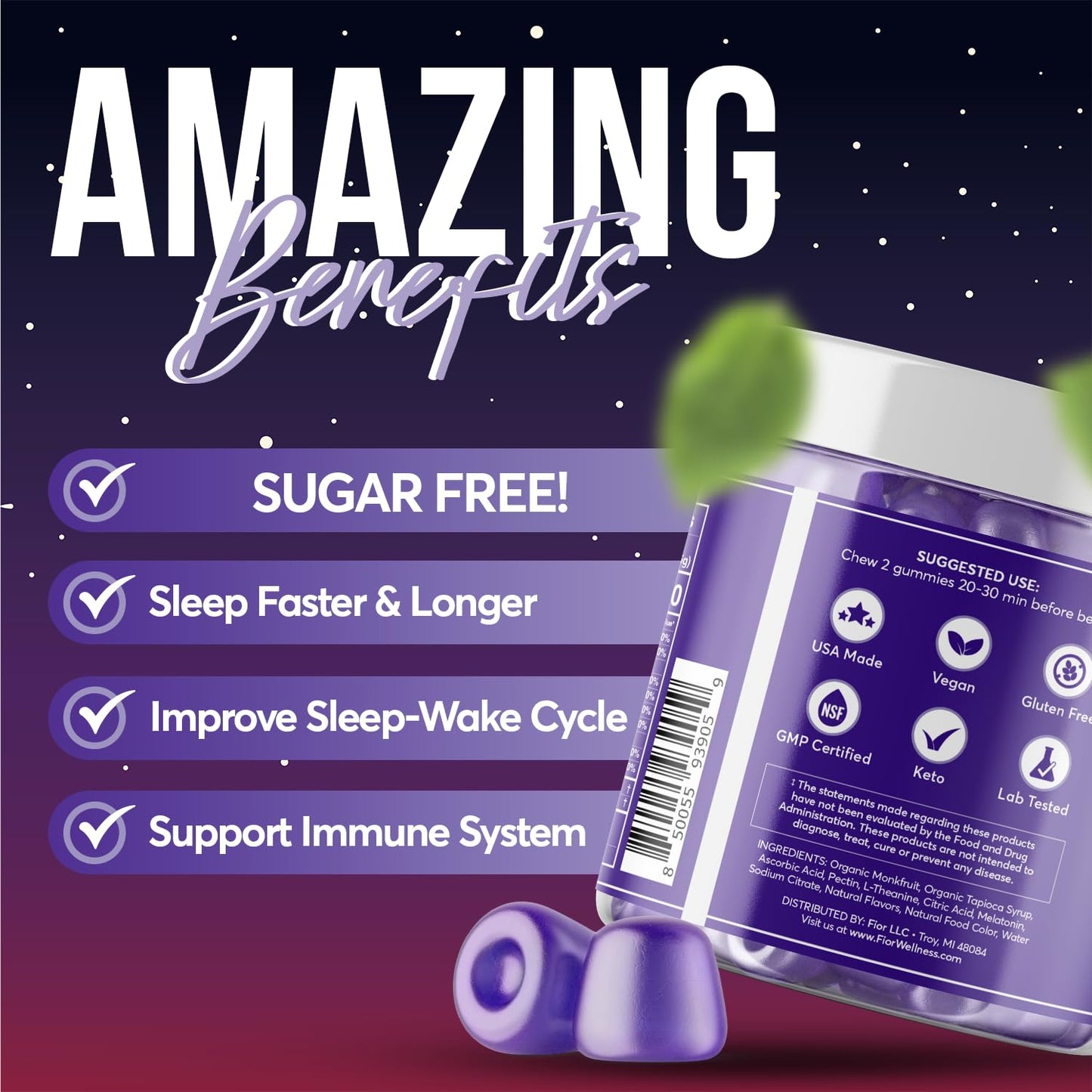 FIOR Sugar Free Sleep Aid & Calm Gummies with Melatonin & L-Theanine, 120 Gummies