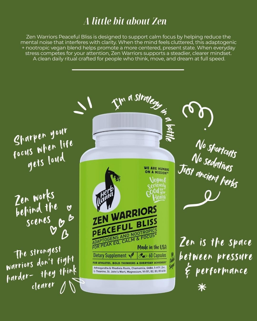 Herb Llama 19-Adaptogen+Nootropic ingredients Ashwagandha Rhodiola Magnesium L-Theanine Zen Warriors Capsules, 60 Count