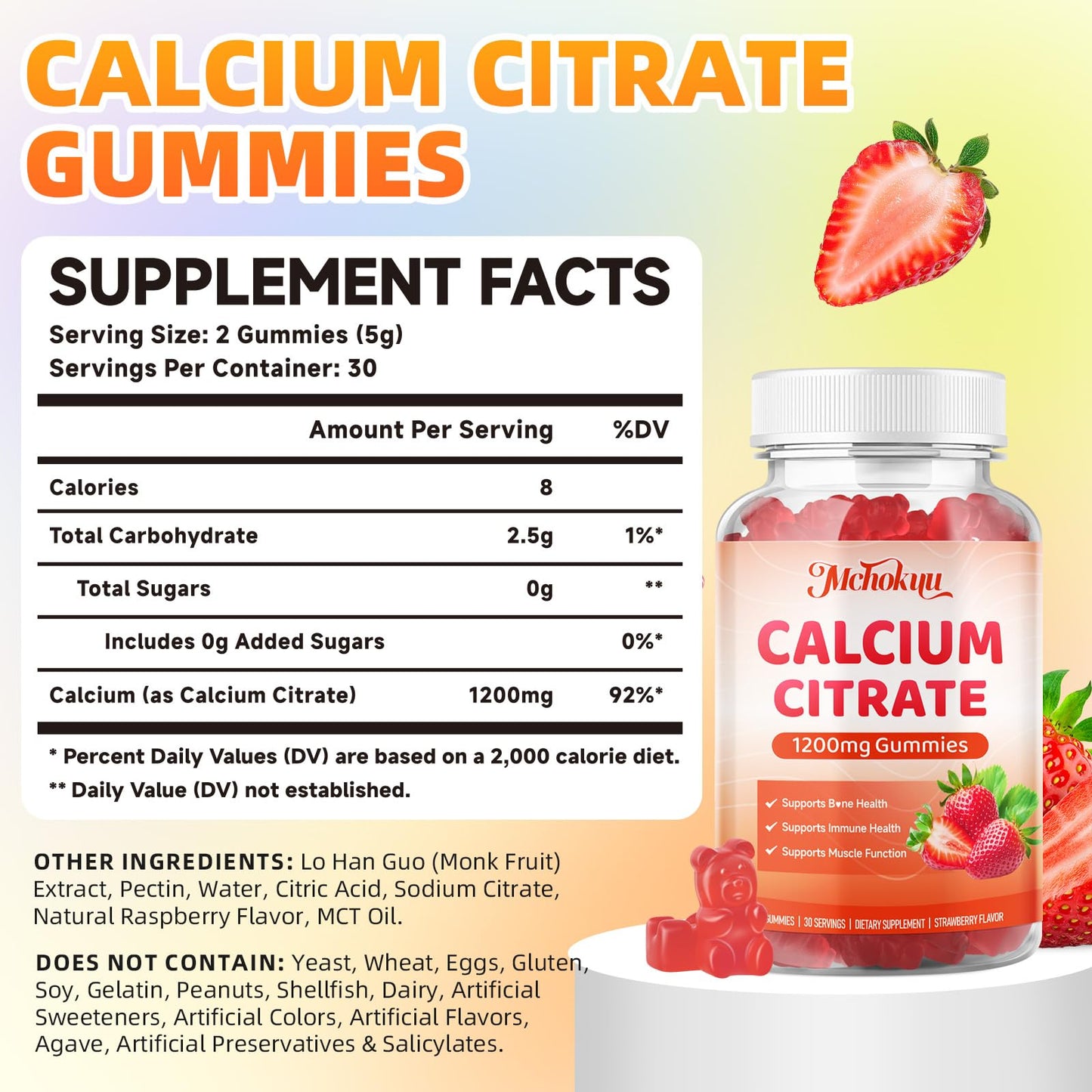 Mchokuu Calcium Citrate Gummies 1200mg Chewable Calcium Supplements for Women and Men, 120 Count