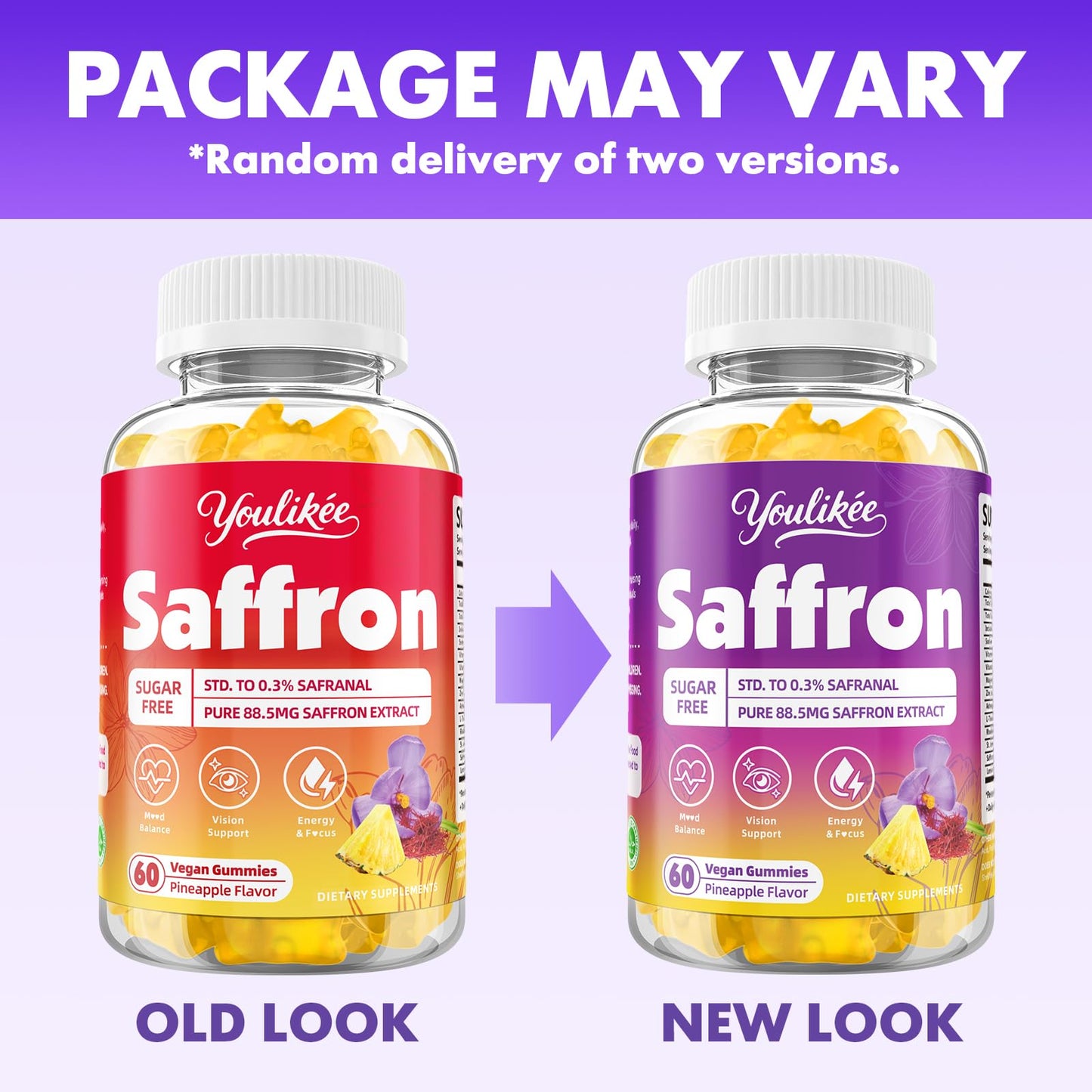 Youlikee Saffron Gummies 88.5mg, Pineapple Flavor, 60 Count