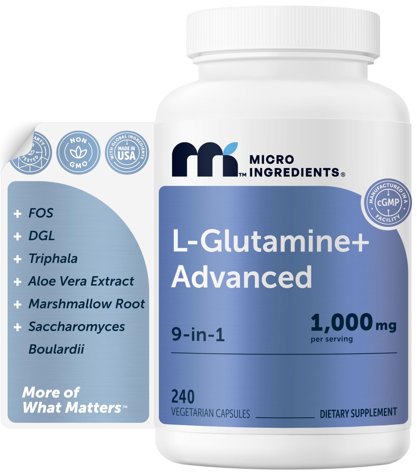 Micro Ingredients L-Glutamine+ Advanced 1000mg Per Serving Vegetarian Capsules, 240