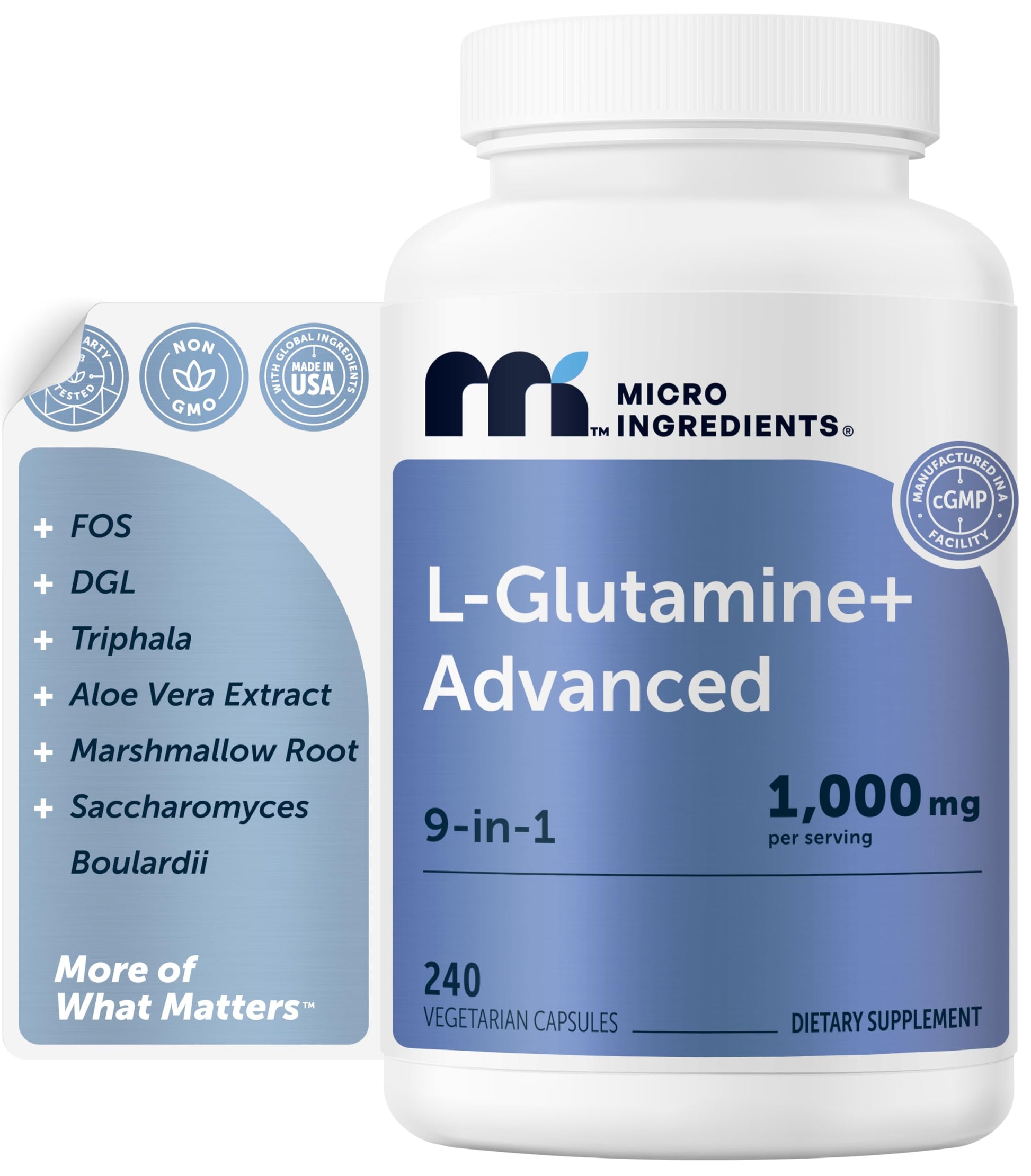 Micro Ingredients L-Glutamine+ Advanced 1000mg Per Serving Vegetarian Capsules, 240