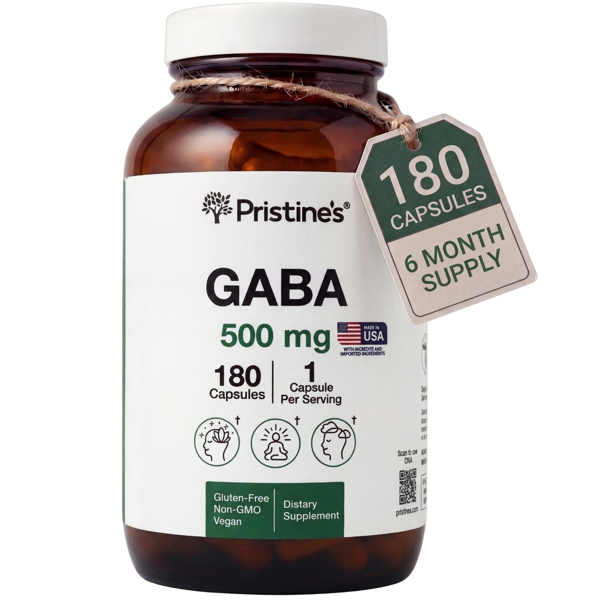 PRISTINE'S GABA 500mg Sleep Quality Support Supplement, 180 Capsules