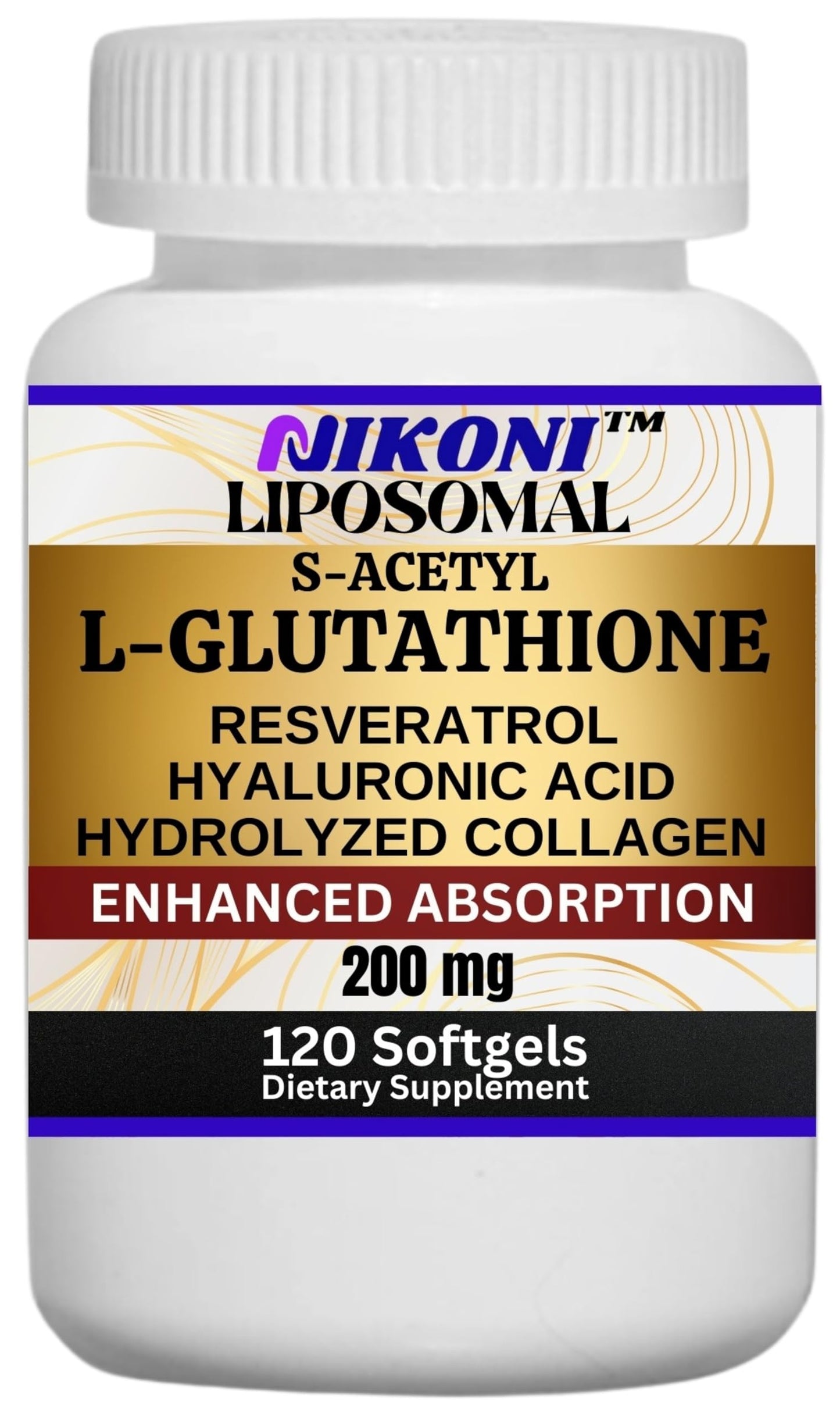 Nikoni Liposomal S-Acetyl L-Glutathione Resveratrol, Hyaluronic Acid & Collagen 500 mg Softgels 120 Count