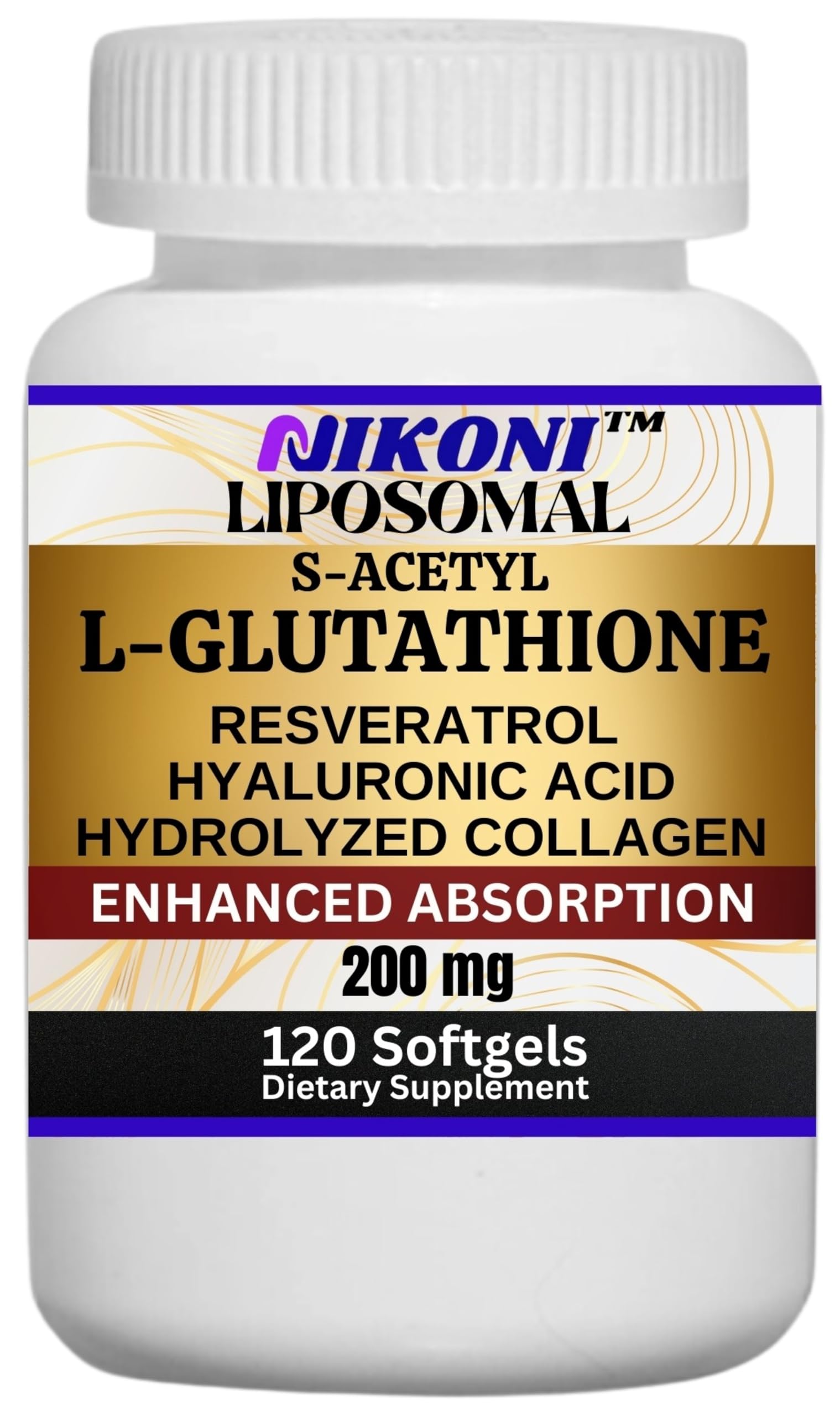 Nikoni Liposomal S-Acetyl L-Glutathione Resveratrol, Hyaluronic Acid & Collagen 500 mg Softgels 120 Count