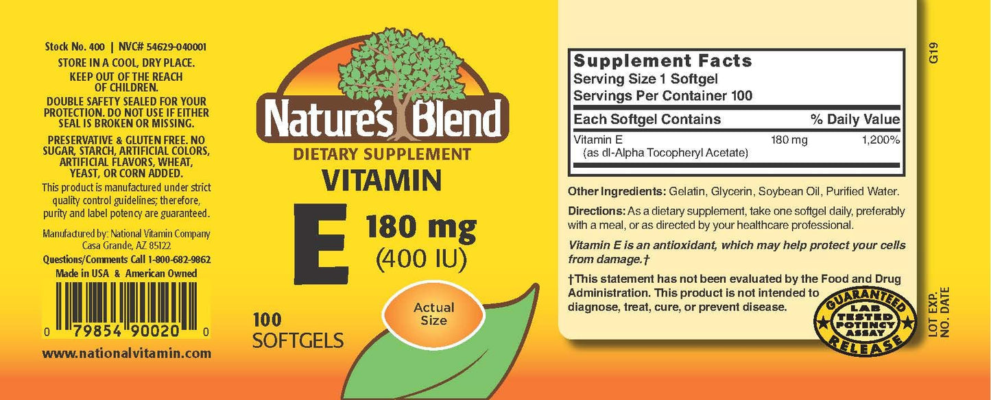 Nature's Blend Vitamin E 400 IU Softgels 100 Count