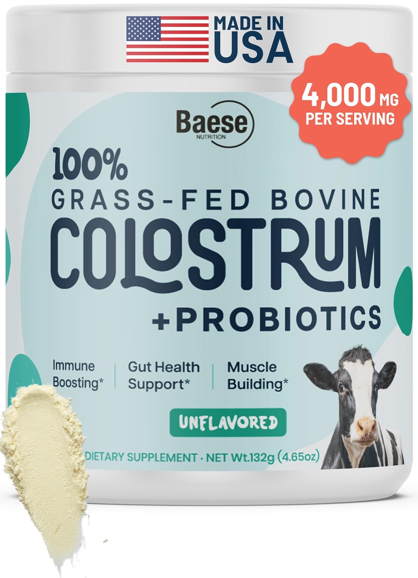 Baese Nutrition Bovine Colostrum Powder with Probiotics, 4000mg 800 IgG, Grass-Fed Immunoglobulins, 132 g