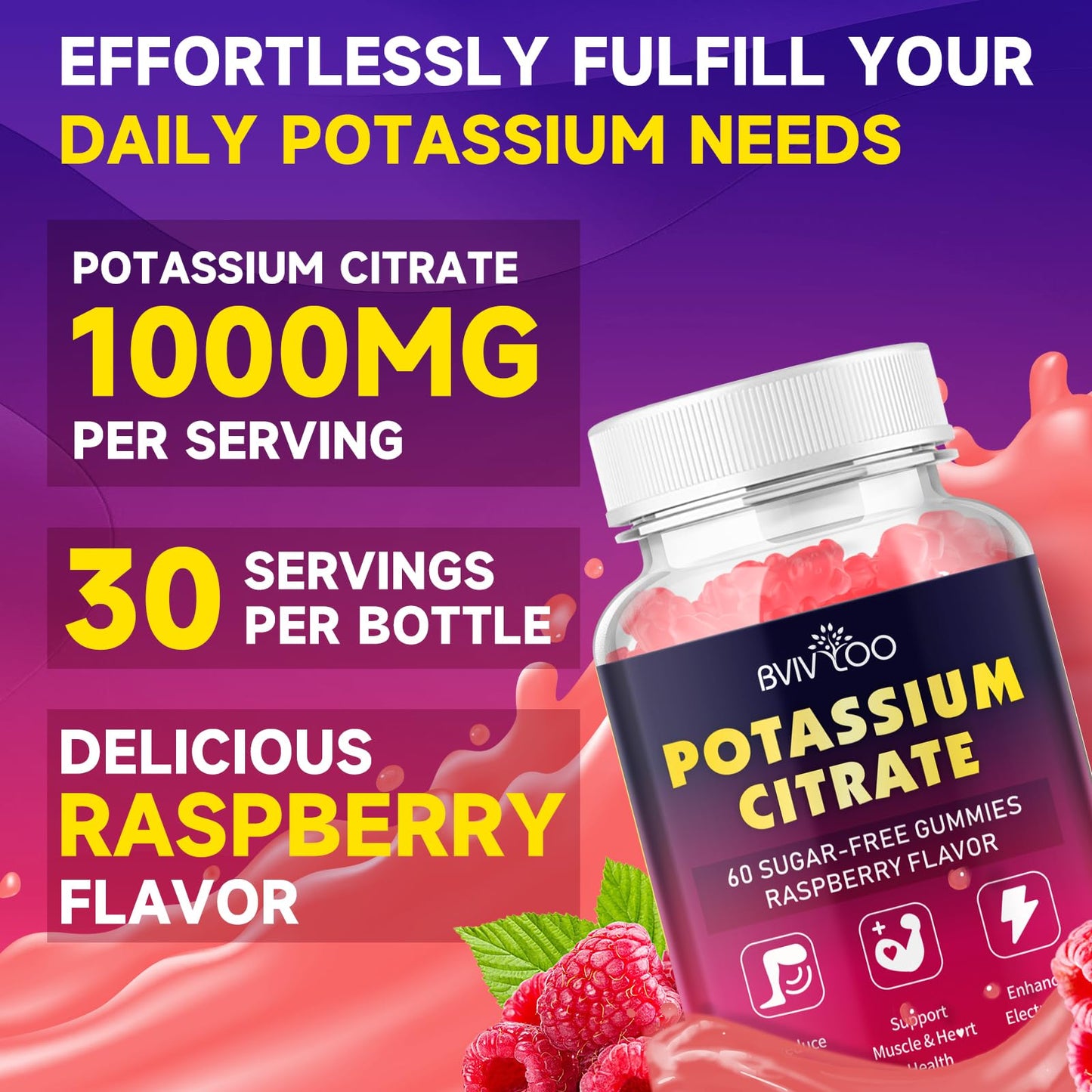 BVIVLOO Potassium Citrate Gummies 1000mg, Sugar-Free, Supports Leg Cramps & Electrolyte Balance, 60 Count