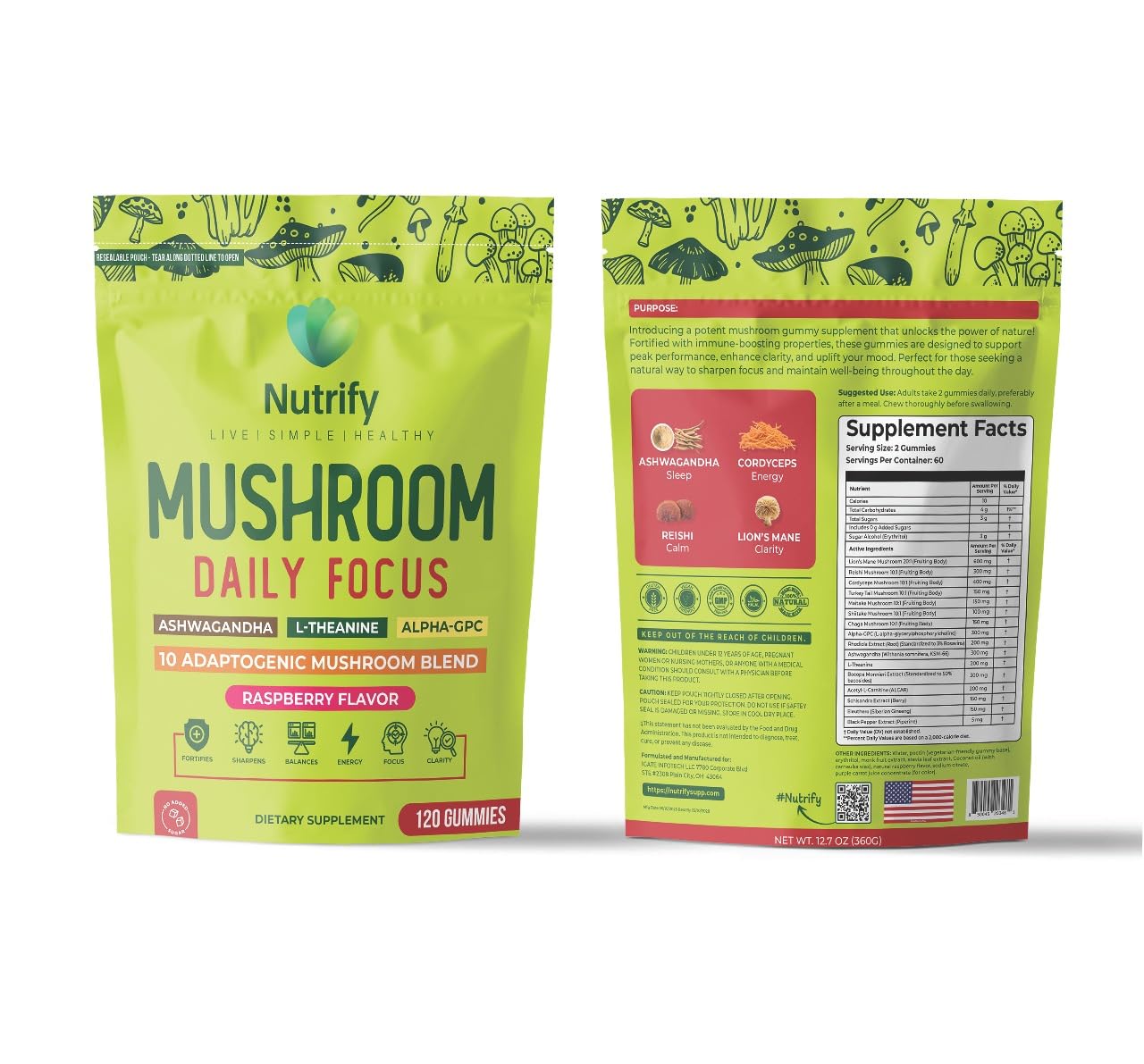 Nutrify Mushroom Gummies Immune Support & Brain Performance Resilience & Memory Boost with Reishi, Cordyceps, Turkey Tail, Maitake, Shiitake & Chaga Raspberry Flavor Vegan & Sugar Free, 120 Gummies