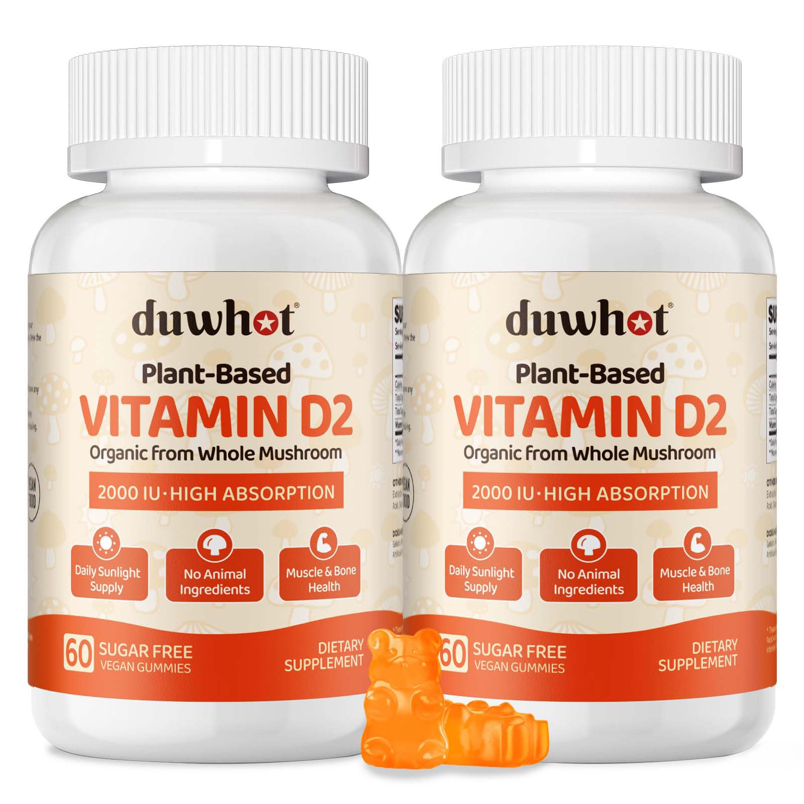 duwhot Vitamin D2 Gummies 2000 IU, Plant-Based D2 Vitamin Supplement from Whole Mushroom, Immune Support, Daily Sunshine Supply, Vegan, Non-GMO, Orange, 120 Gummies