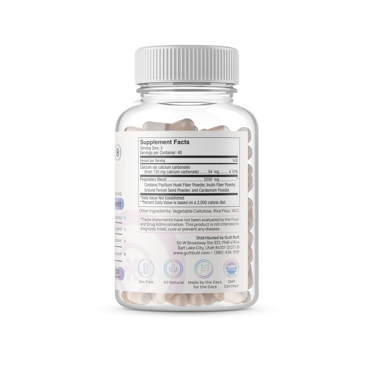 GuttButt Vegan Cleanliness Fiber Supplement Capsules, 120 Capsules