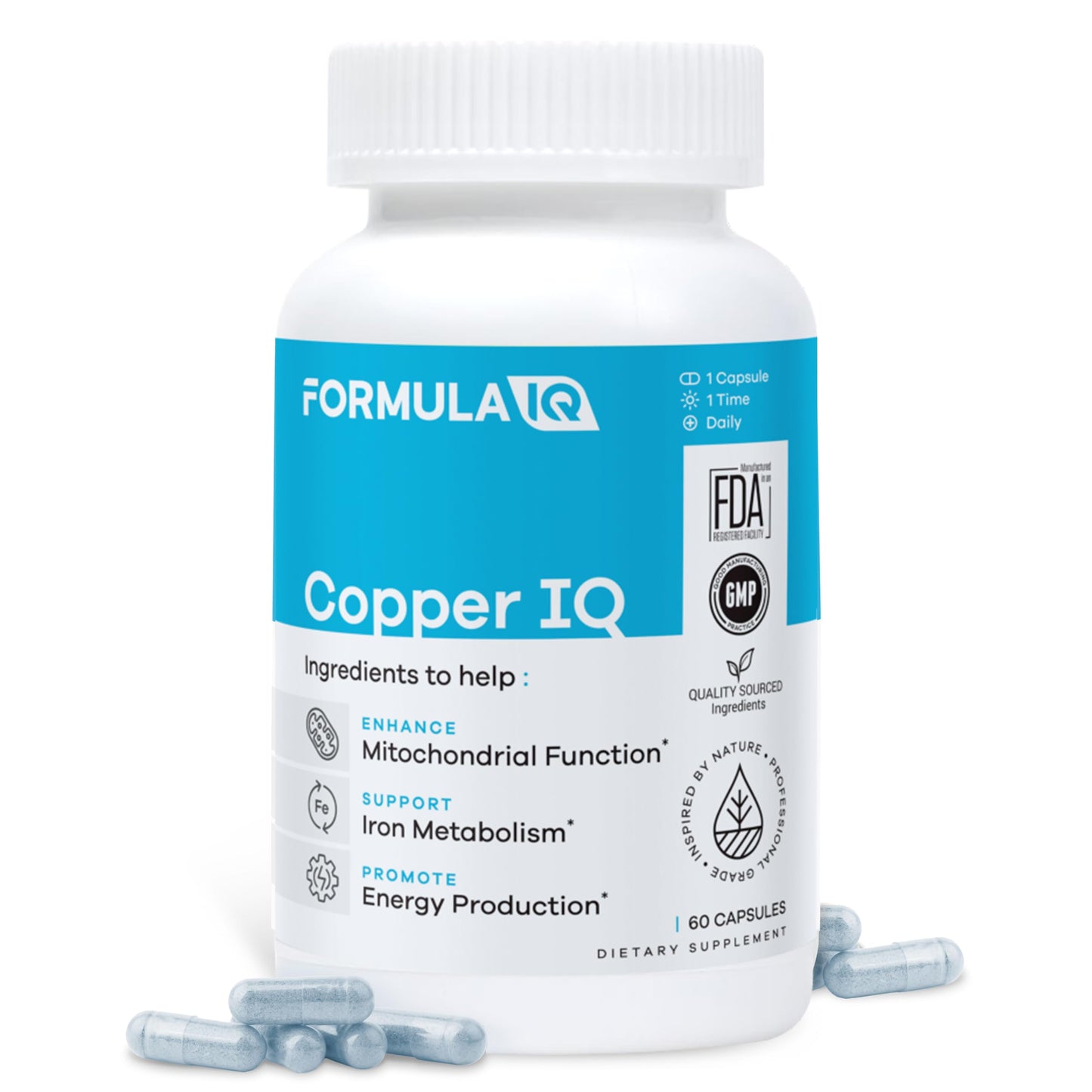 FIQ Copper IQ High Absorption Albion Bisglycinate Mineral for Energy Production & Iron Metabolism Support, Chelated Supplement, 60 Capsules