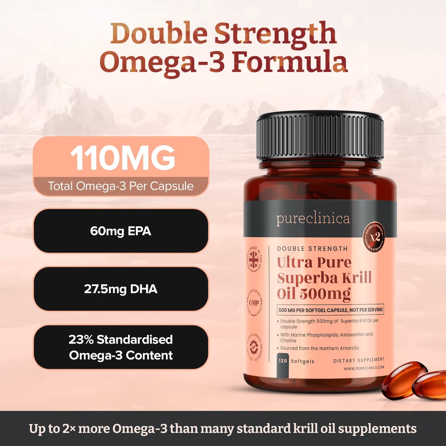 PureClinica Ultra Pure Krill Oil 500mg Softgels, 480 Count