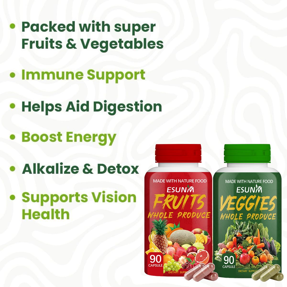 ESUNM Fruits and Veggies Supplement Capsules, 180 Count