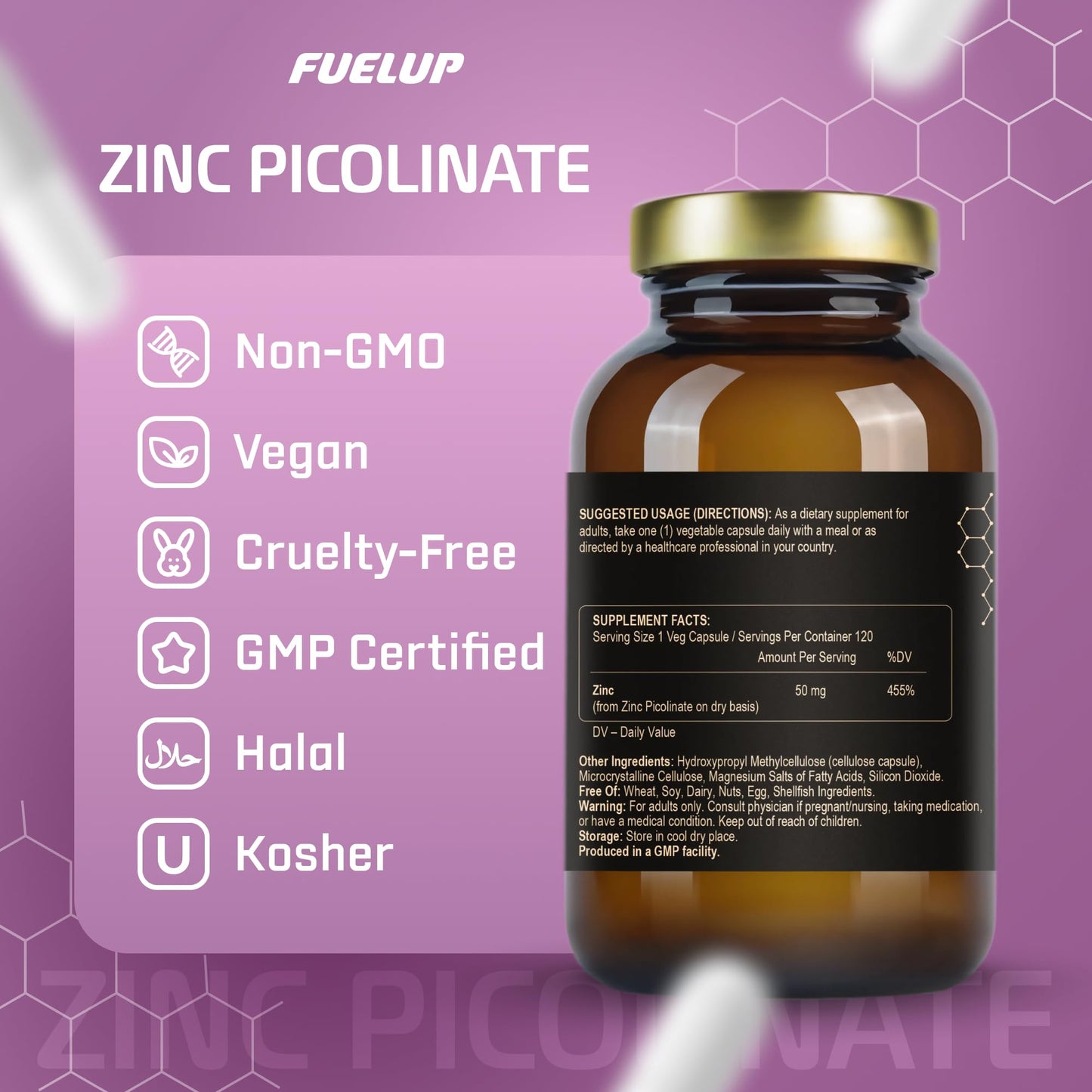 Fuelup Zinc Picolinate 50 mg Capsules, 120 Count